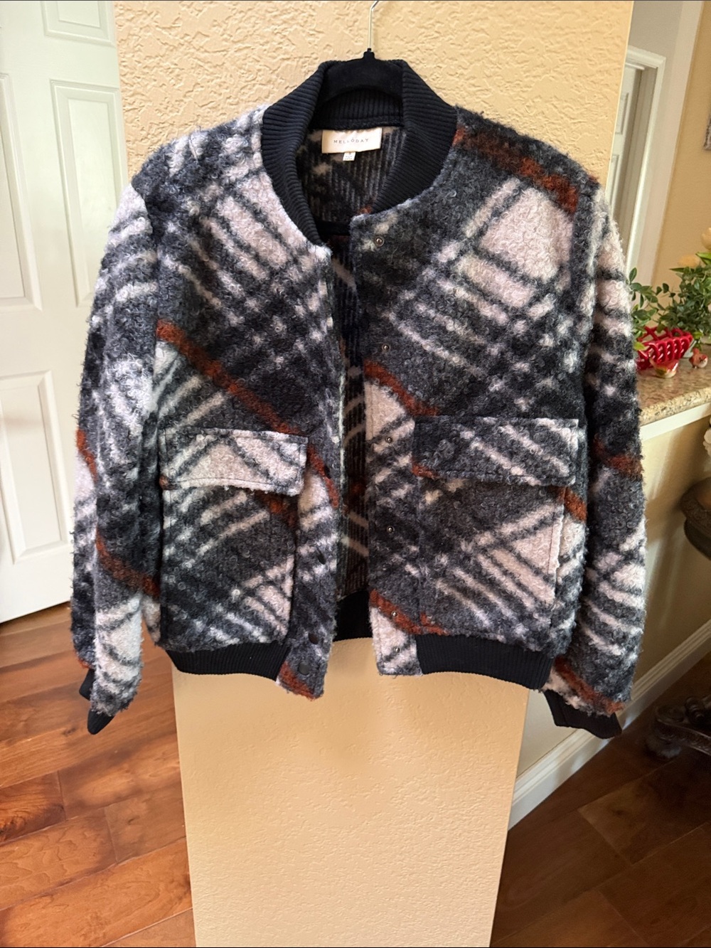 MELLODAY Women's Plaid Bomber Jacket in Charcoal, White & Brown